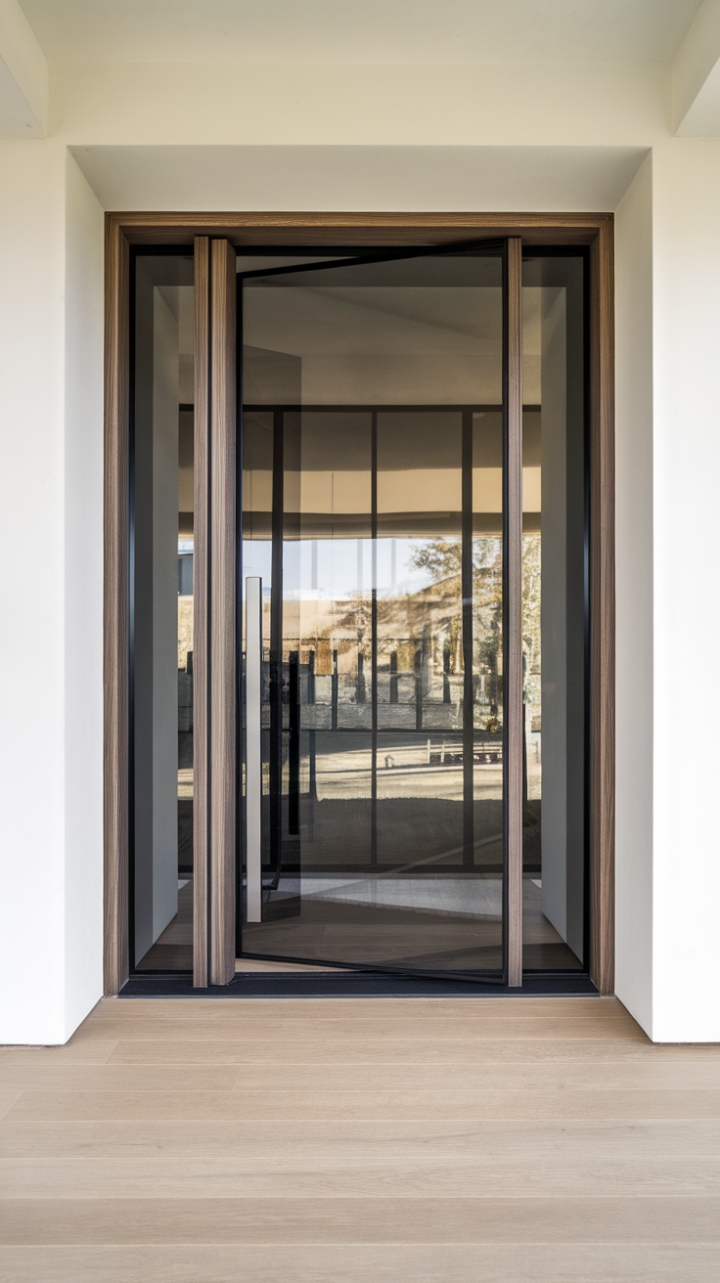 A harmonious blend of modern design elements, this entrance showcases a sleek door with a glass panel nestled within a dark wood frame, offering a chic yet inviting appeal. The matte finish enhances its contemporary allure, while the pristine white wall serves as a striking backdrop. The light wood flooring adds a touch of warmth, creating a stylish entryway that sets the tone for a beautifully curated home.