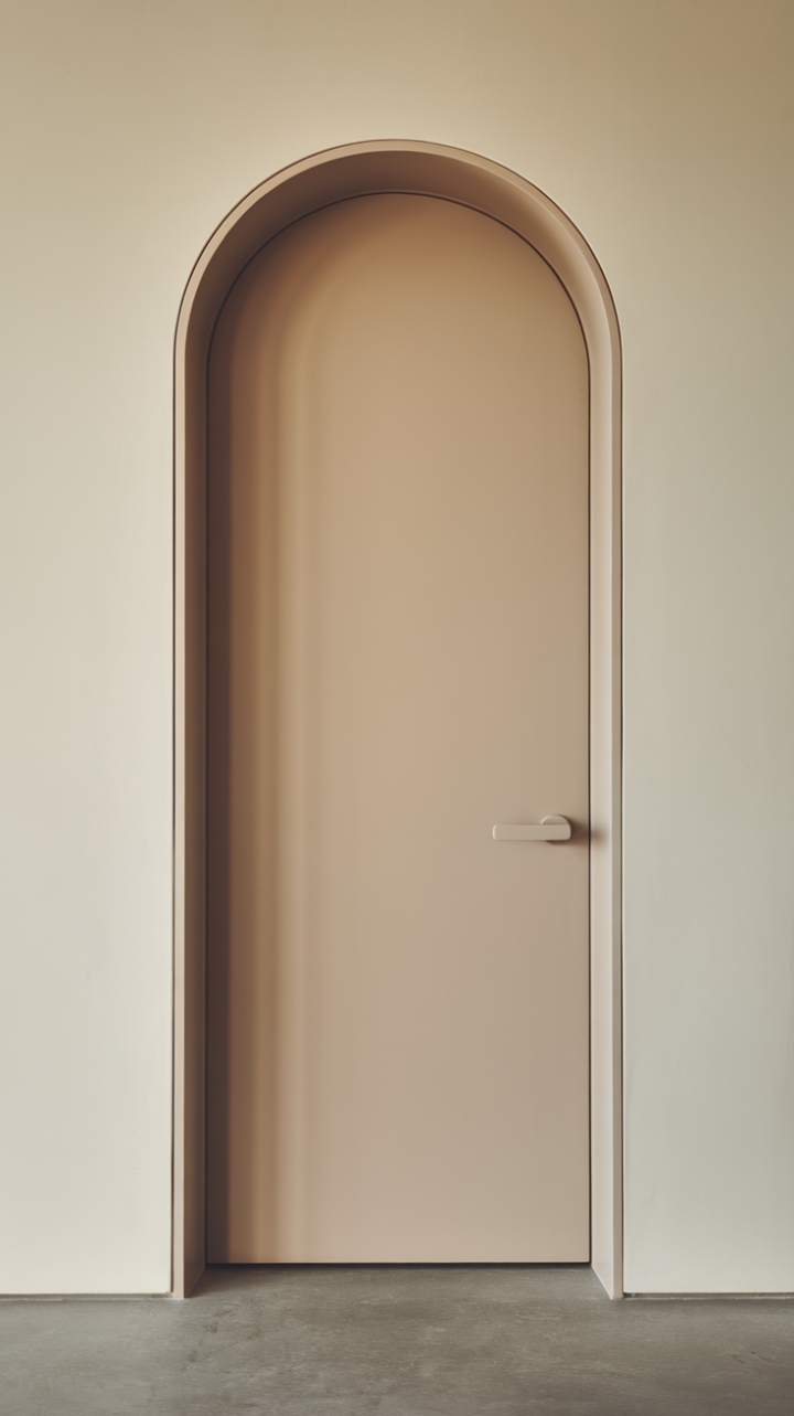 With its sleek and minimalist design, this contemporary door stands as a testament to modern aesthetics, featuring a smooth surface painted in a tranquil soft beige that seamlessly blends with the crisp white wall. The simple lever handle adds a touch of functionality, while the gray concrete floor provides a striking contrast. Soft lighting envelops the scene, creating an inviting ambiance that highlights the door's elegant lines and the overall harmony of the space.