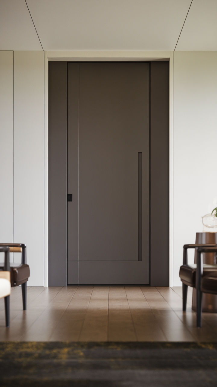 A sleek dark grey door stands as a testament to modern design in this minimalist entryway, where its flat panel style harmonizes beautifully with the bright white walls. The rich wood floor introduces a natural element, grounding the space, while the sparse yet thoughtfully selected furniture enhances the uncluttered vibe, creating an atmosphere that is both inviting and effortlessly chic.