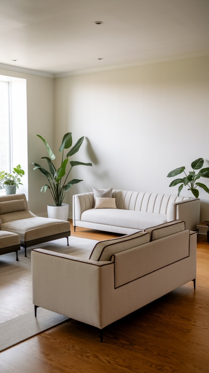 A stunning embodiment of contemporary style, this living room is anchored by a sophisticated sectional and a minimalist couch, both draped in soothing neutral tones. The pristine white walls amplify the room's spaciousness, while strategically placed potted plants introduce a refreshing burst of greenery. With its rich hardwood flooring, this inviting space seamlessly marries comfort and chic design, creating an ideal backdrop for both relaxation and entertaining.