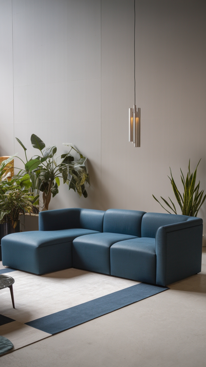 Indulge in the serenity of modern minimalism. This living room's deep blue sectional sofa, a sculptural masterpiece, commands attention against the calming grey backdrop. Subtle pops of greenery and a minimalist pendant light complete the sophisticated sanctuary.