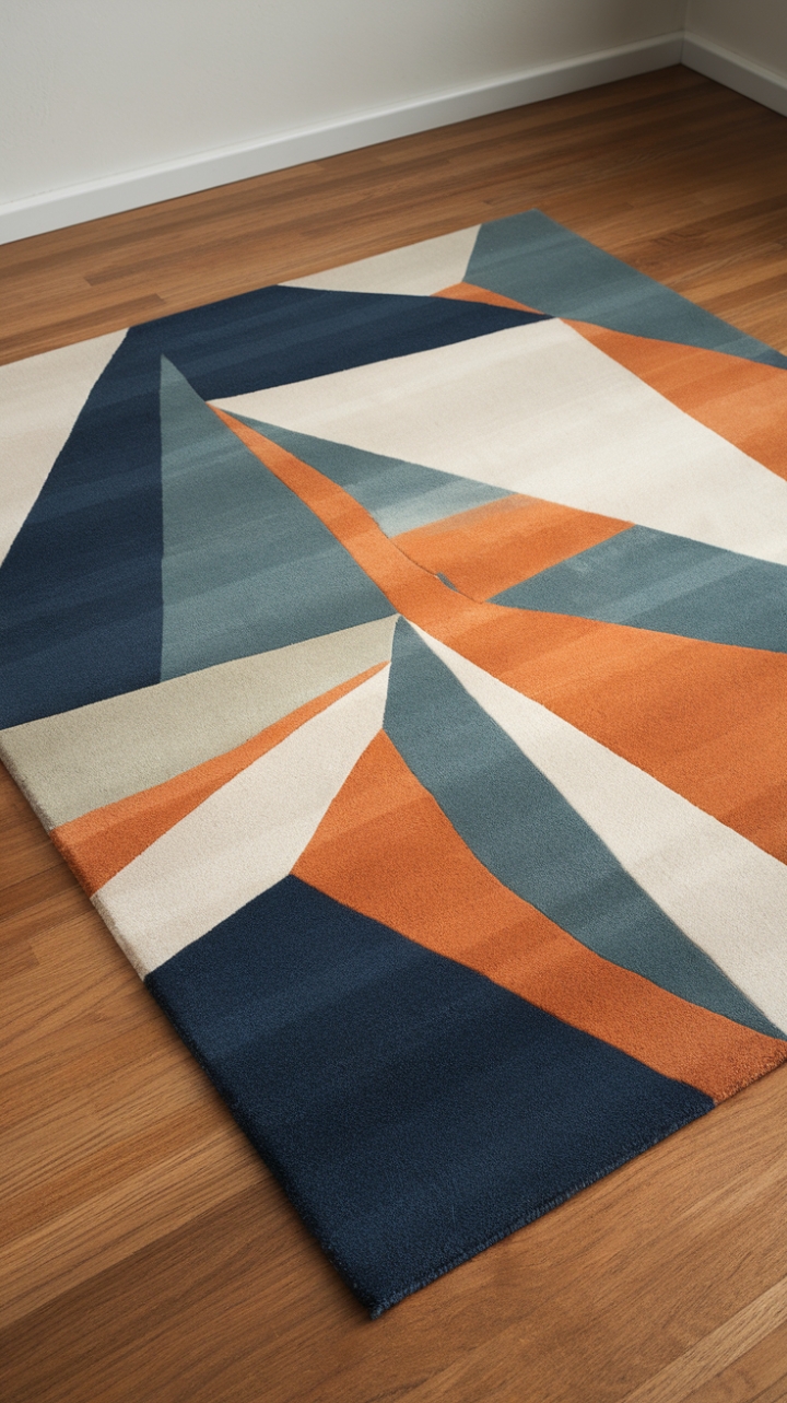 Bold geometry meets serene simplicity. This contemporary rug's vibrant blue, orange, and white triangles inject a playful energy into any space, grounding it with understated elegance. The clean lines and minimalist design make it a versatile statement piece for modern living.