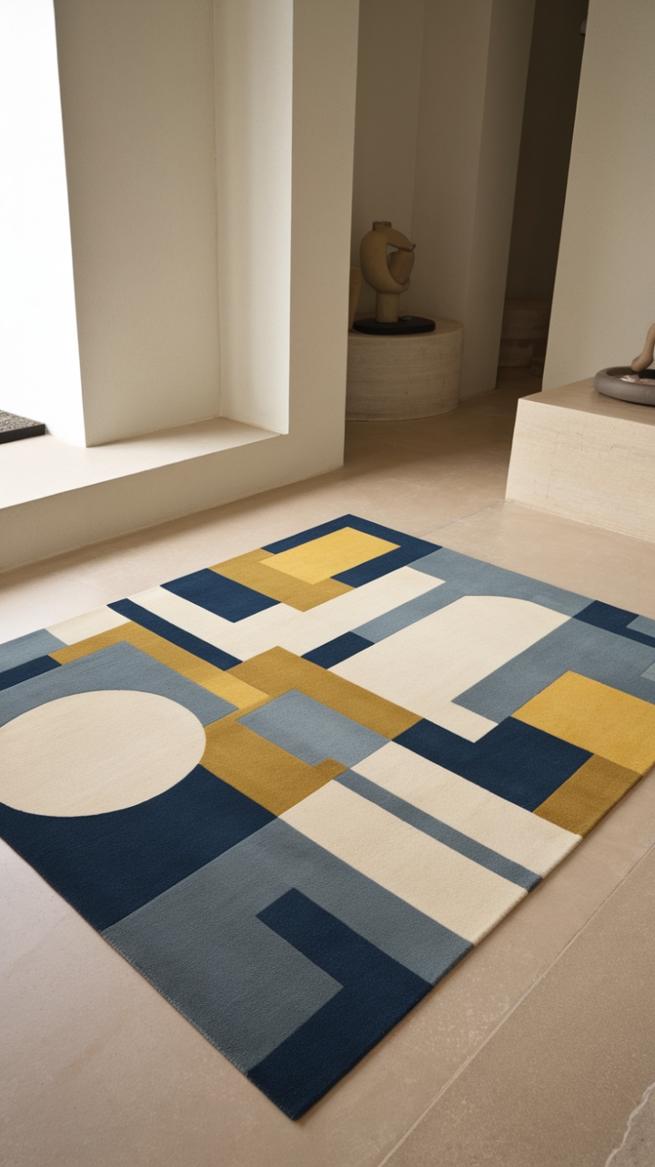 Cool blues and warm yellows collide in a captivating abstract design, creating a rug that's as dynamic as it is sophisticated. This statement piece effortlessly anchors a room, adding a layer of texture and personality to your minimalist haven.
