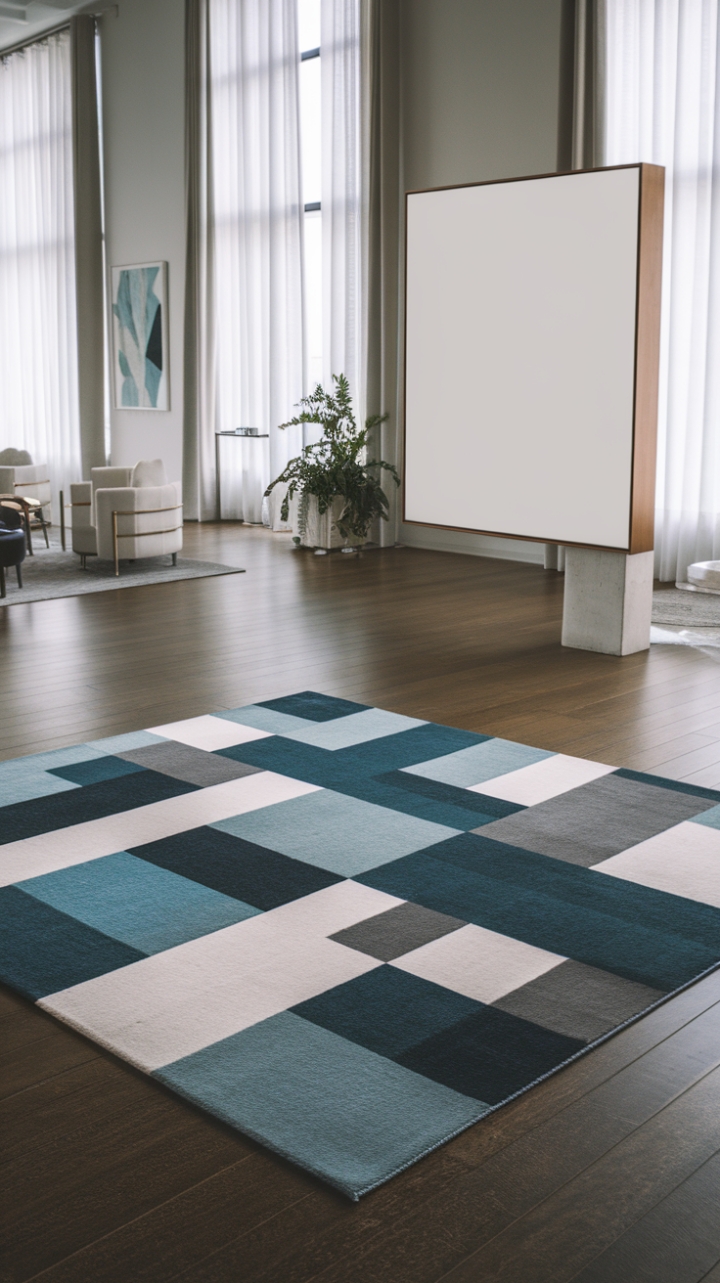 This stunning minimalist rug is the perfect foundation for a sophisticated and serene living space. The interplay of blue, white, and gray creates a calming atmosphere, while the geometric pattern adds a touch of modern flair. Paired with simple furniture and artwork, the rug becomes a statement piece, showcasing understated luxury and impeccable style. The natural light enhances the rug's beauty, creating a space that is both stylish and inviting.