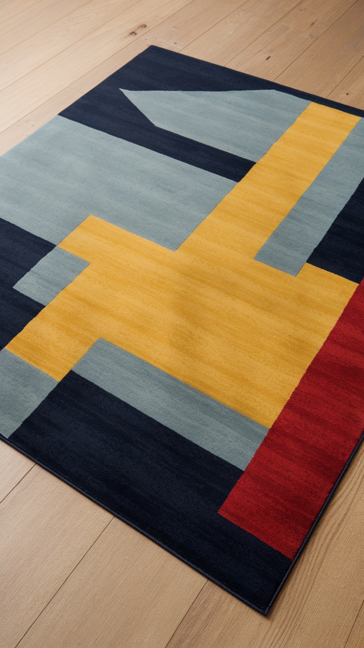 Bold geometry meets vibrant hues in this showstopping contemporary rug. Its dynamic abstract pattern, a masterful blend of blue, yellow, and red, commands attention while maintaining a sophisticated minimalism. A perfect foundation for any modern space.