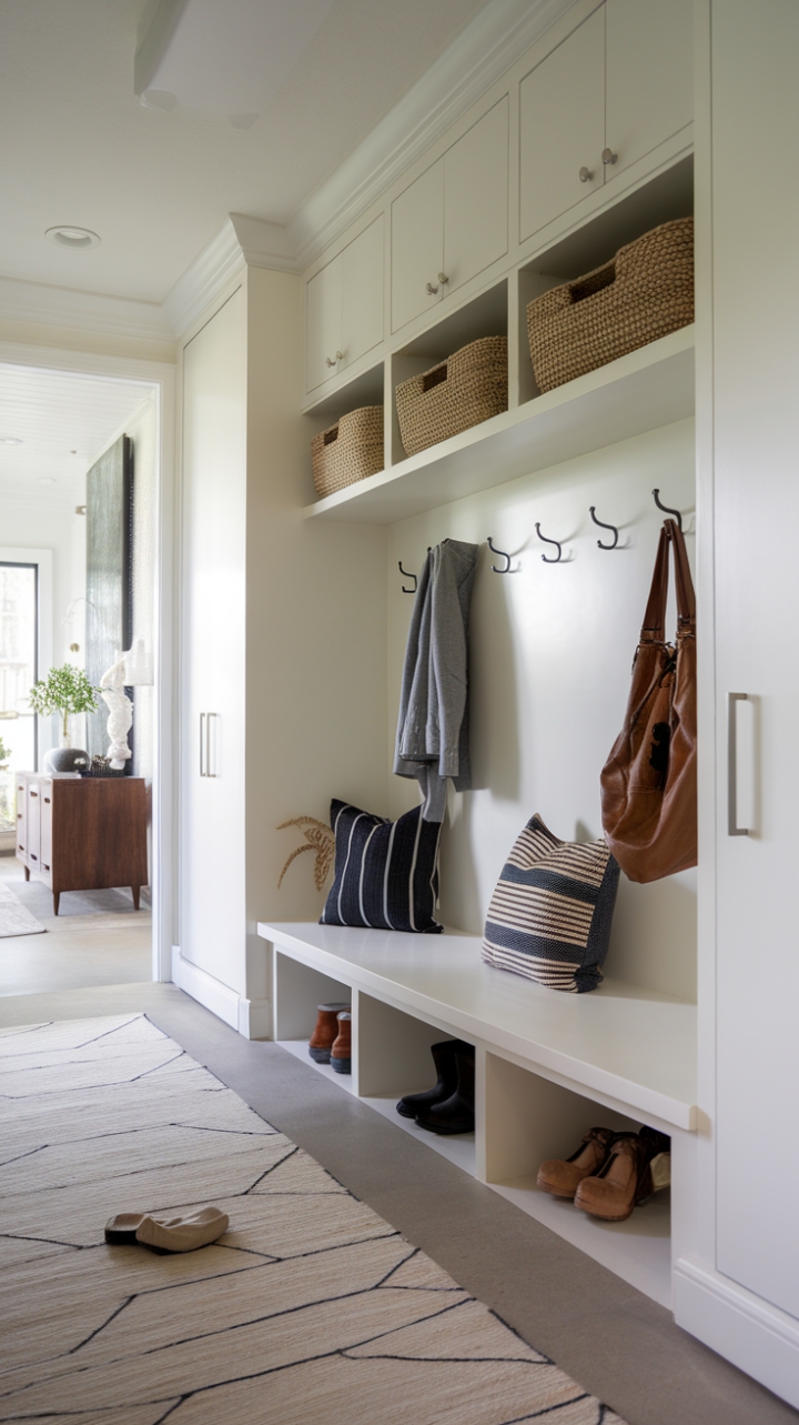 Streamlined style reigns supreme in this modern hallway's chic mudroom. Minimalist design meets maximum organization, resulting in a space that's both visually stunning and incredibly practical. A true testament to contemporary living.