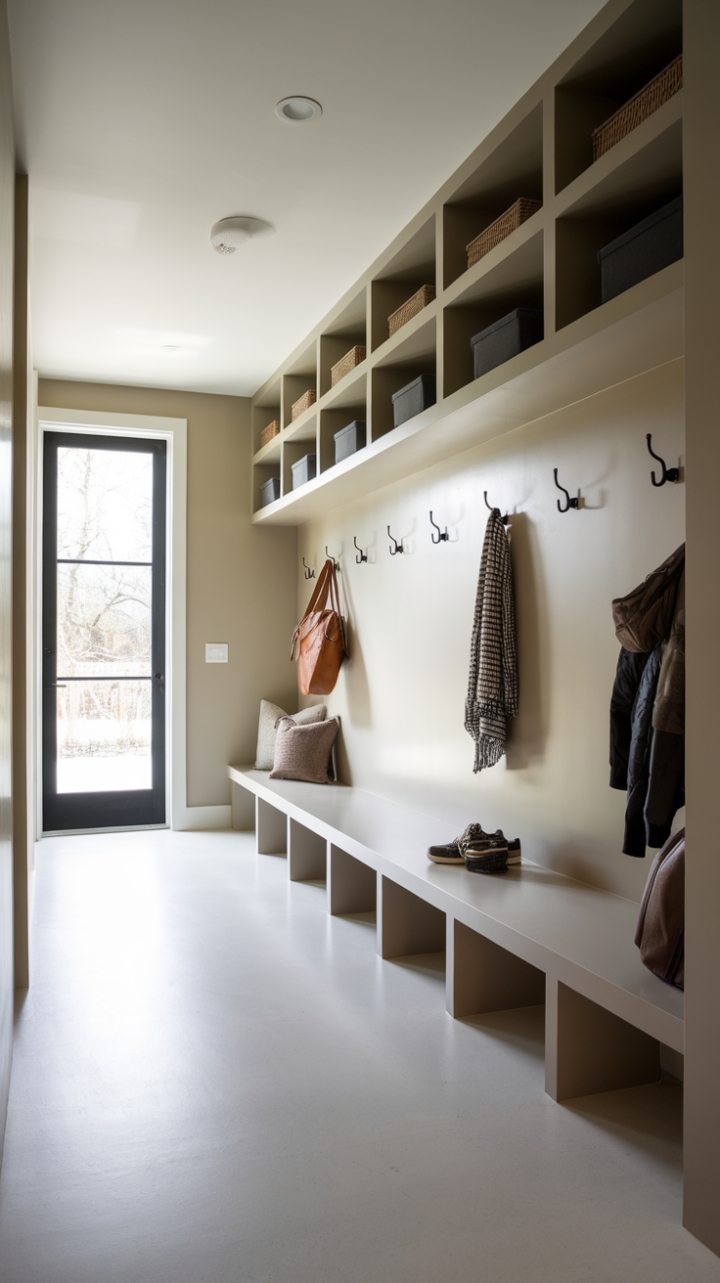 Neutral sophistication reigns in this modern mudroom. Sleek storage solutions and a calming color palette create a welcoming space that's as functional as it is beautiful. The ultimate entryway upgrade.