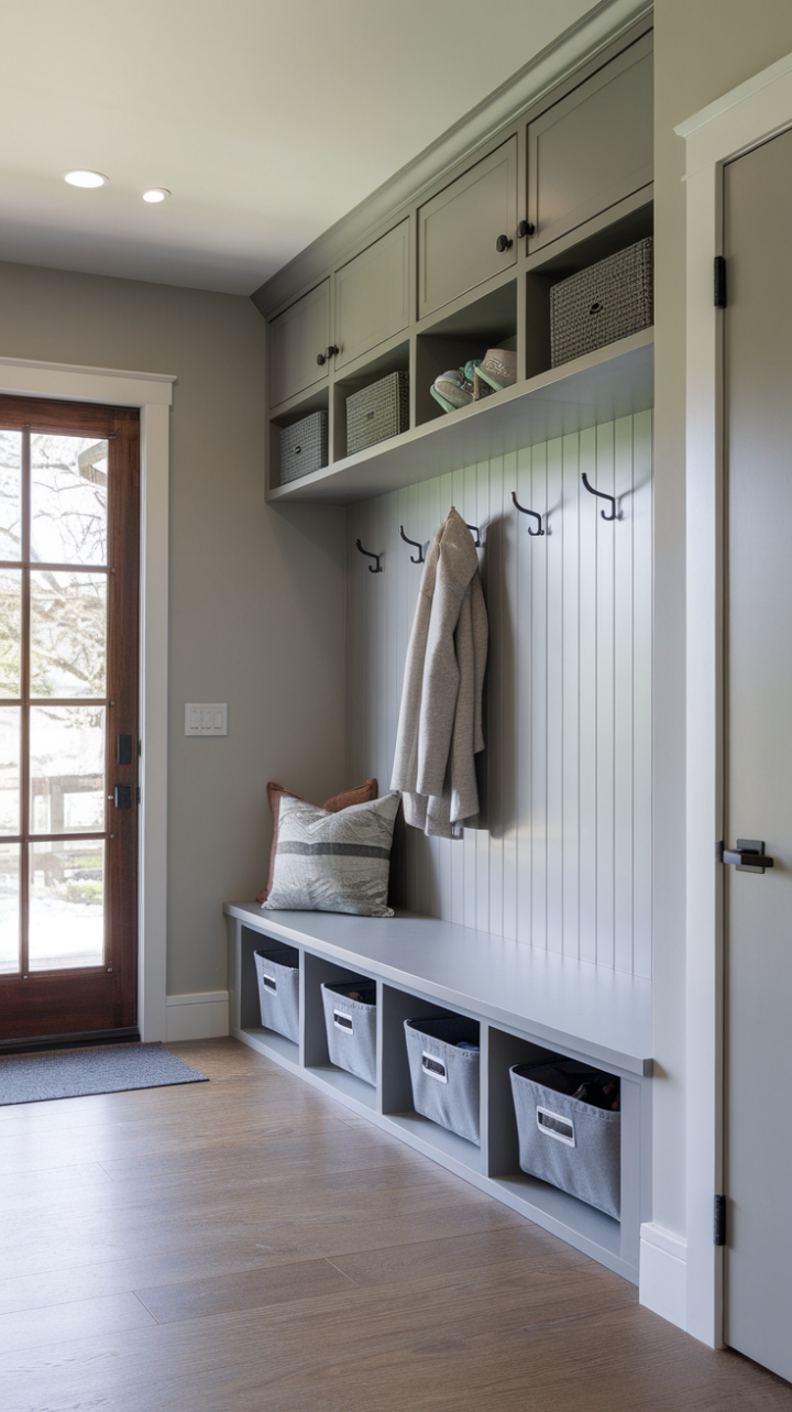 Modern living demands a functional entryway, and this space delivers. Clean lines, smart storage, and a calming color palette transform a typically cluttered area into a stylish and serene transition zone between the outdoors and your beautifully curated home.