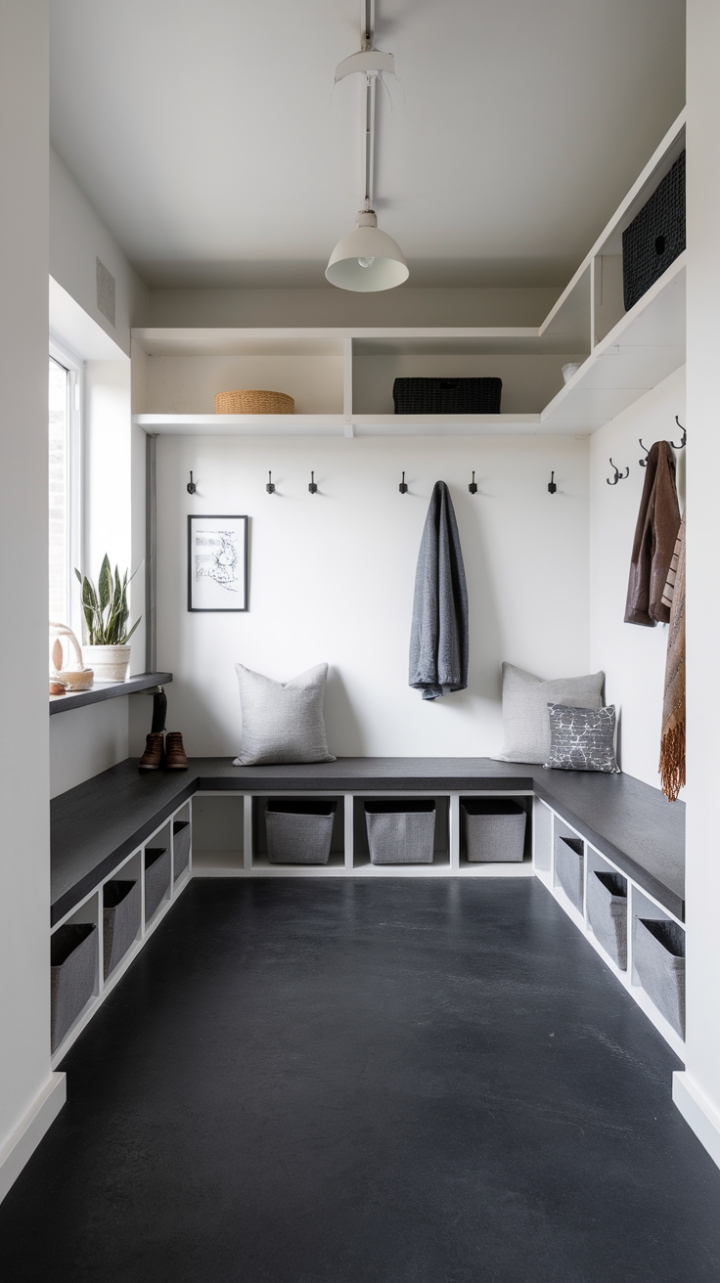 Modern living redefined: This mudroom isn't just functional; it's a statement. The interplay of dark grey and bright white creates a sophisticated backdrop for cleverly concealed storage, showcasing a design that's both beautiful and brilliantly practical. A single plant and a minimalist lamp complete the look, proving that less is truly more.