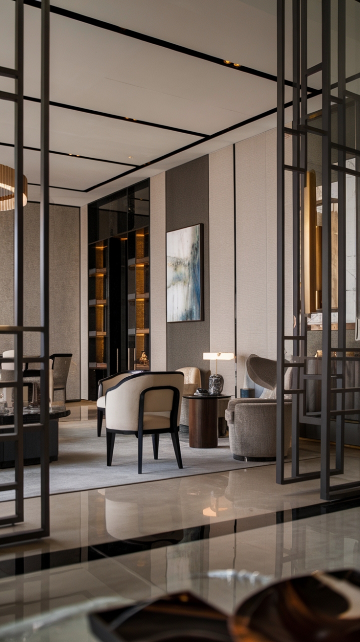 A stunning example of contemporary luxury, this living room showcases a minimalist aesthetic that speaks to the heart of modern elegance. With its carefully curated designer furniture and sophisticated decor, the space radiates a sense of calm and refinement. The walls, adorned with striking artwork, provide a visual feast, while the premium flooring adds a layer of richness to the atmosphere. This chic living area is a sanctuary of style, where every detail has been thoughtfully considered to create an inviting and luxurious environment.