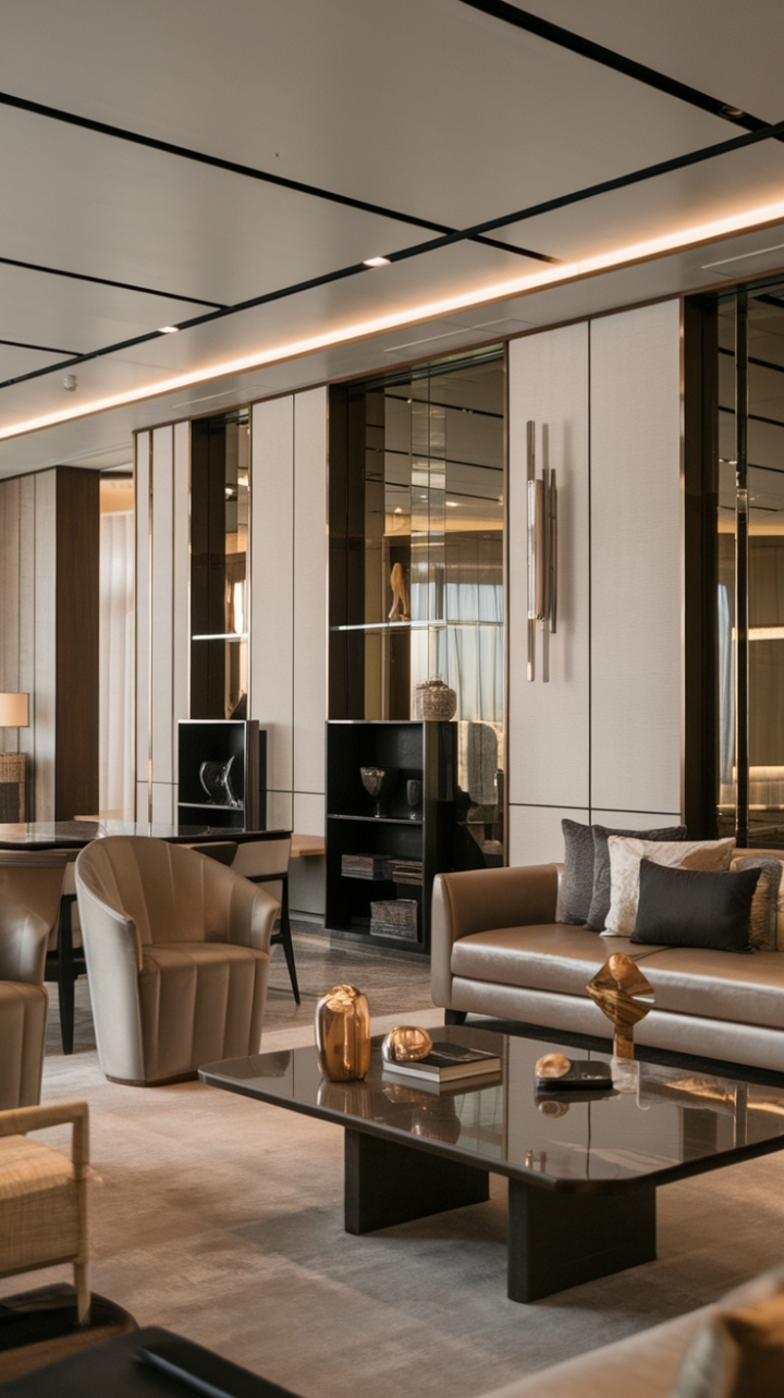 This contemporary luxury living room exudes sophistication with its sleek lines and minimalist design, showcasing a harmonious blend of high-end furniture and exquisite decor. The carefully curated space features plush seating arrangements that invite relaxation, while premium materials like rich textiles and polished finishes add an air of opulence. Soft, ambient lighting enhances the stylish modern ambiance, creating a serene retreat that is both inviting and visually stunning.
