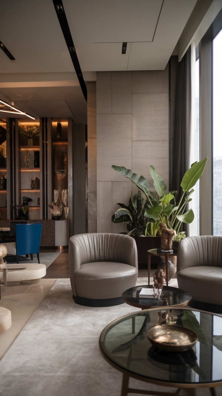 This contemporary luxury living room exudes an air of sophistication with its minimalist design and high-end finishes. The space is adorned with designer furniture that combines comfort and style, while the premium materials used for the walls and floors add a touch of opulence. A large window floods the room with natural light, enhancing the stylish ambiance, while carefully placed greenery brings a refreshing touch of nature to the elegant decor. Every detail in this upscale interior invites relaxation and refined living.