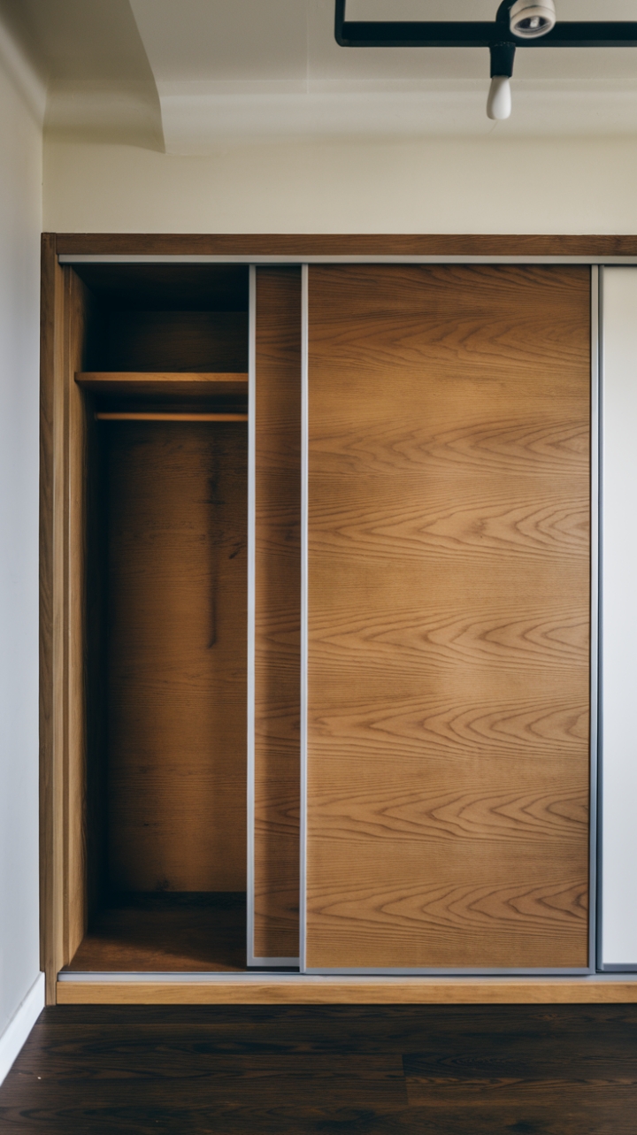 With its striking minimalist silhouette, this wardrobe serves as a functional statement piece in a room defined by modern elegance. The smooth sliding door, crafted from rich wood, harmonizes beautifully with the bright white walls and the deep tones of the dark wood floor, creating a balanced and inviting ambiance. A chic light fixture above adds a touch of warmth, illuminating the space and highlighting the wardrobe's refined design.