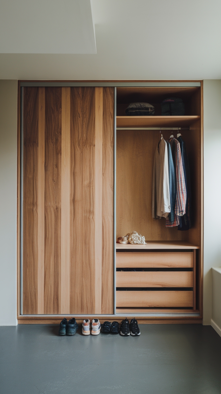 Uncluttered elegance meets modern functionality. This sleek, wood-paneled wardrobe, with its minimalist sliding door design, is the epitome of contemporary chic. The clean lines and neutral palette create a sense of calm, while the subtly scattered shoes hint at a lived-in luxury. A perfect blend of form and function for the discerning homeowner.