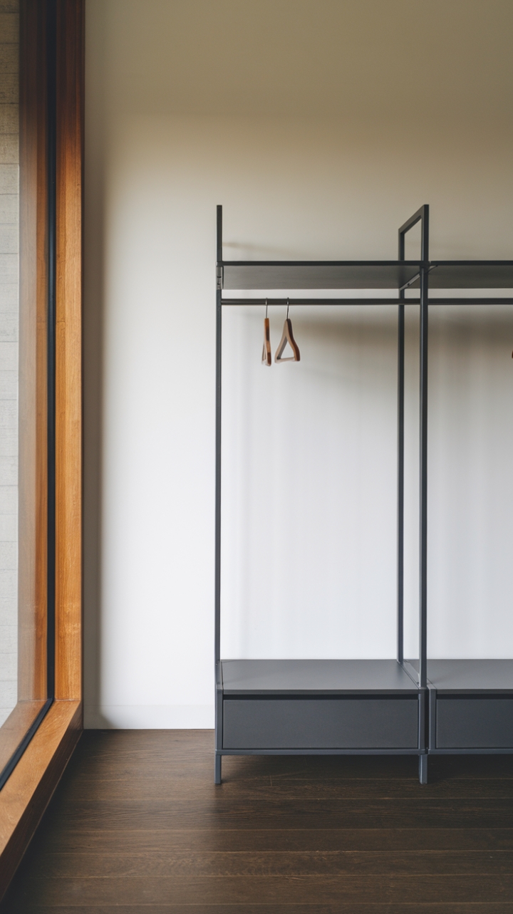Unveiling understated elegance: A matte black wardrobe, a study in minimalist form, commands attention against the backdrop of a sun-drenched room and dark wood floors. The perfect blend of sleek design and functional storage.