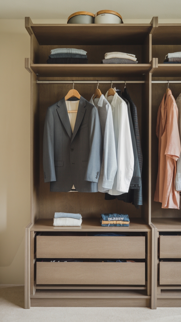 With its striking minimalist silhouette, this wardrobe serves as a stunning focal point, marrying practicality with modern aesthetics. The warm wooden finish invites a sense of calm, while the neatly hung garments-an elegant suit, polished shirts, and tailored trousers-speak to a refined lifestyle. Accentuated by thoughtfully placed accessories on top, this piece harmonizes beautifully against the soft beige wall, creating a chic and inviting ambiance that transforms any bedroom into a stylish retreat.