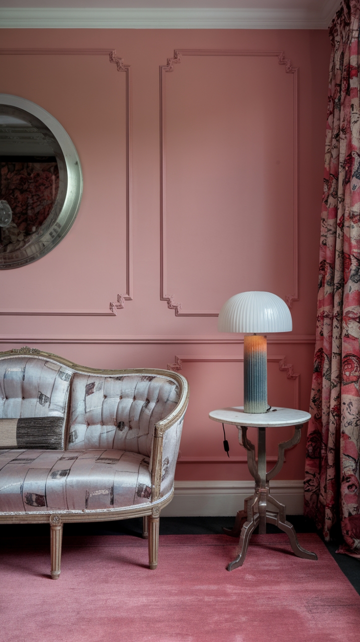 Reimagine Victorian grandeur. Soft pink walls whisper a story of bygone eras, while a modern rug and statement lamp inject a vibrant, contemporary energy. This transitional space showcases the beauty of curated contrast, proving that timeless pieces can thrive in a fresh, modern setting.