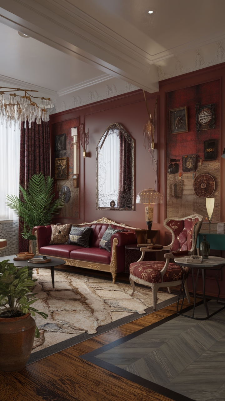 High ceilings and patterned floors set the stage for a masterful blend of eras. A richly upholstered sofa shares the spotlight with a delicately patterned Victorian chair and a sleek coffee table, proving that old and new can coexist in perfect harmony. This eclectic space is a testament to the enduring power of inspired design.