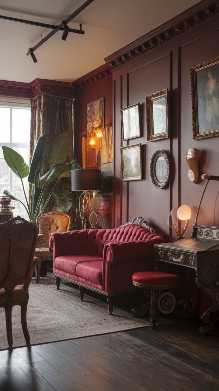 Crimson comfort reigns in this captivating space. A symphony of textures and styles-from the plush red sofa to the intricately carved Victorian chairs-creates a warm and inviting atmosphere. Vintage artwork and a modern lamp add layers of sophistication, while a lush potted plant introduces a vibrant touch of nature. A masterclass in eclectic design.