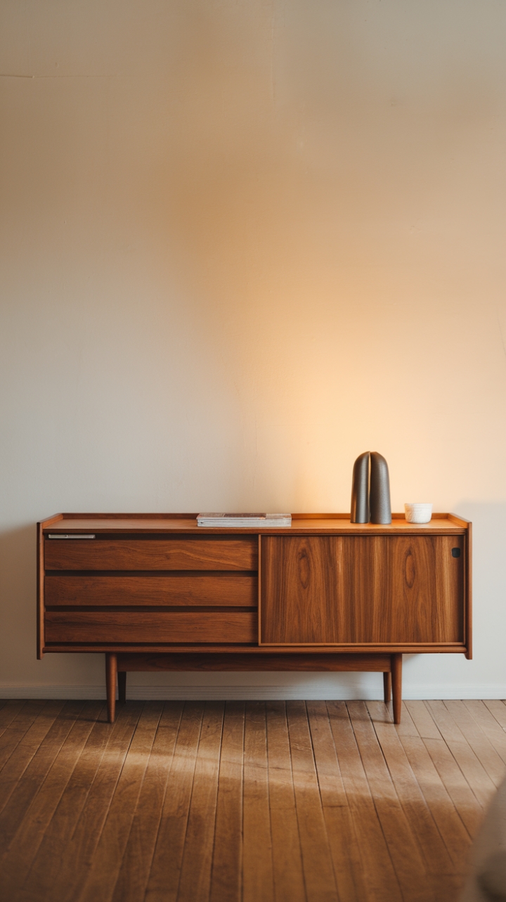 Unveiling understated elegance: This contemporary sideboard, a study in minimalist form and rich wood tones, anchors any space with quiet sophistication. Its clean lines and subtle detailing create a focal point that's both modern and timeless.