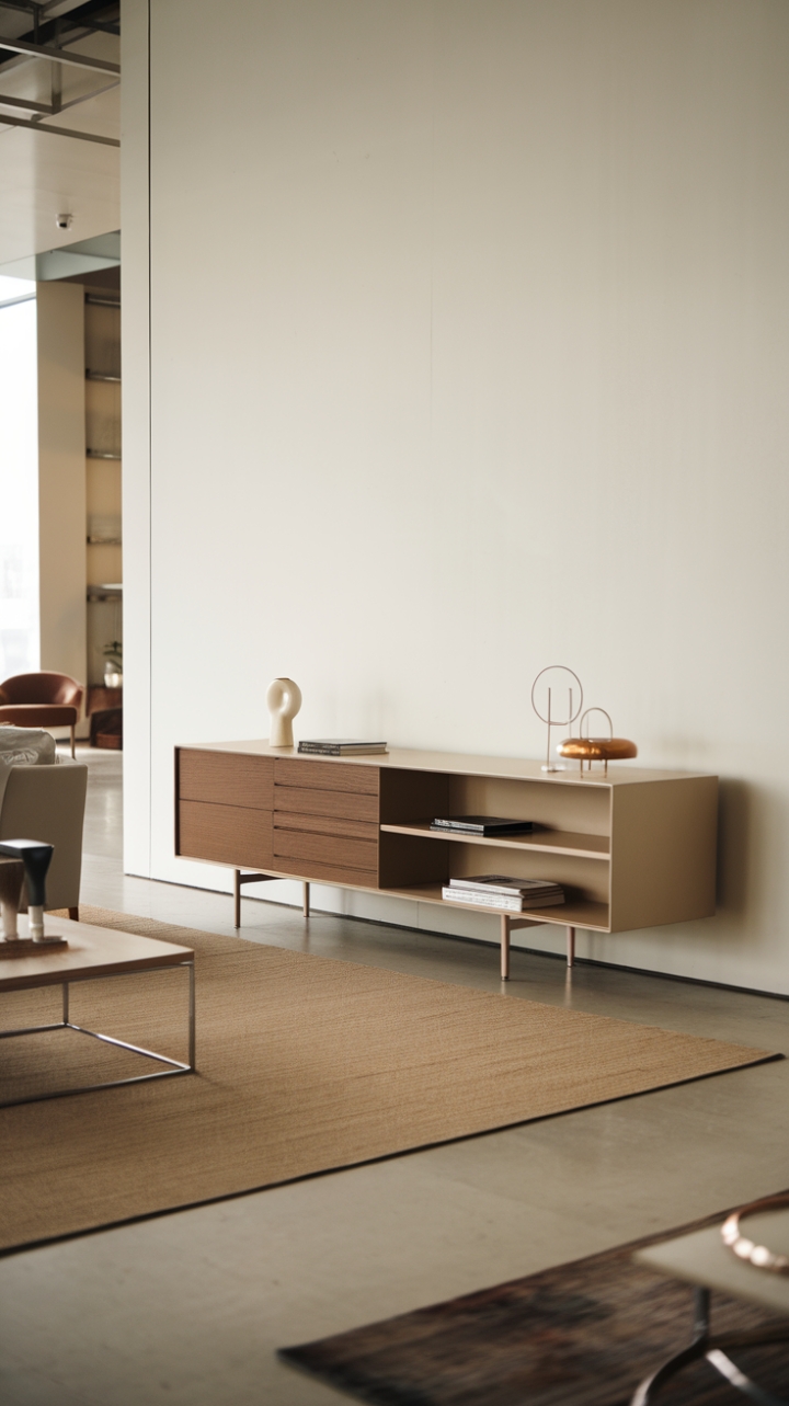 A stunning example of contemporary design, this sideboard features a minimalist aesthetic that seamlessly integrates into the spacious room. Its combination of drawers and open shelves provides both functionality and style, while the bright lighting accentuates its sleek lines against the pristine white wall. Surrounded by carefully selected contemporary furnishings, including a plush sofa, a stylish chair, and a modern table, the beige rug underfoot adds a touch of coziness, creating an inviting atmosphere that celebrates simplicity and sophistication.