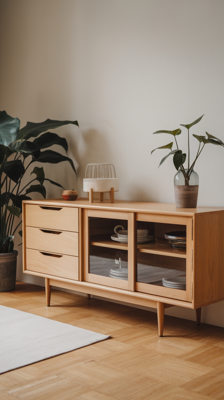 A study in streamlined style, this sideboard seamlessly blends form and function. Its minimalist aesthetic is perfectly balanced by the subtle detail of glass-paneled doors, offering a glimpse into its organized interior. A perfect piece for the modern home, adding both beauty and practicality.
