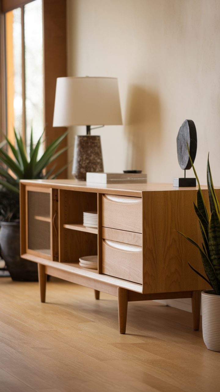 Modern minimalism meets organic warmth. A sleek wooden sideboard, featuring clean lines and practical storage, becomes a focal point in this sun-drenched room. The natural wood finish blends seamlessly with the surrounding décor, creating a harmonious and inviting atmosphere.