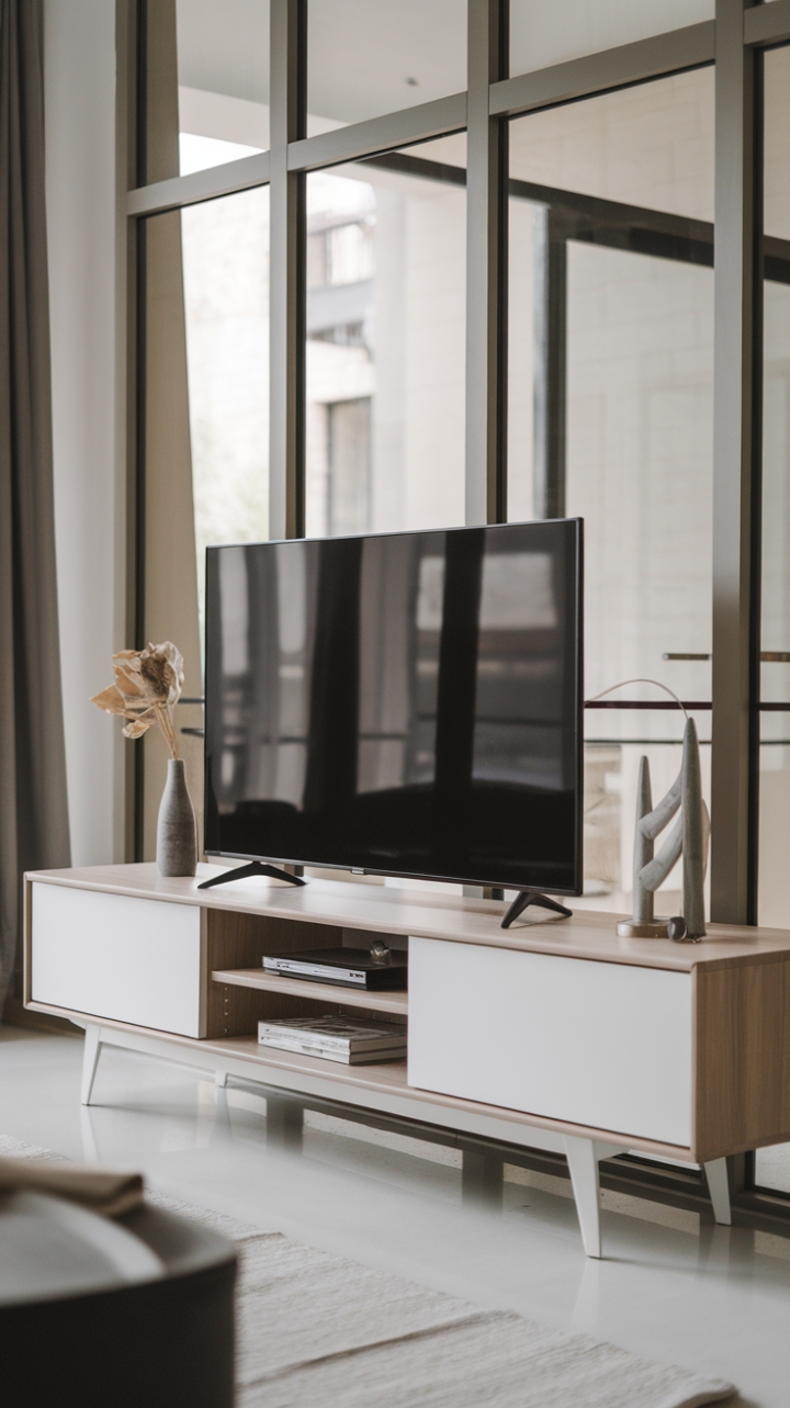 Unveiling understated elegance: This pristine white media console, a study in minimalist design, anchors the living room with quiet sophistication. The warm wood tones subtly contrast the bright white finish, creating a space that's both calming and chic. Sunlight streams in, highlighting the clean lines and functional beauty of this essential piece.