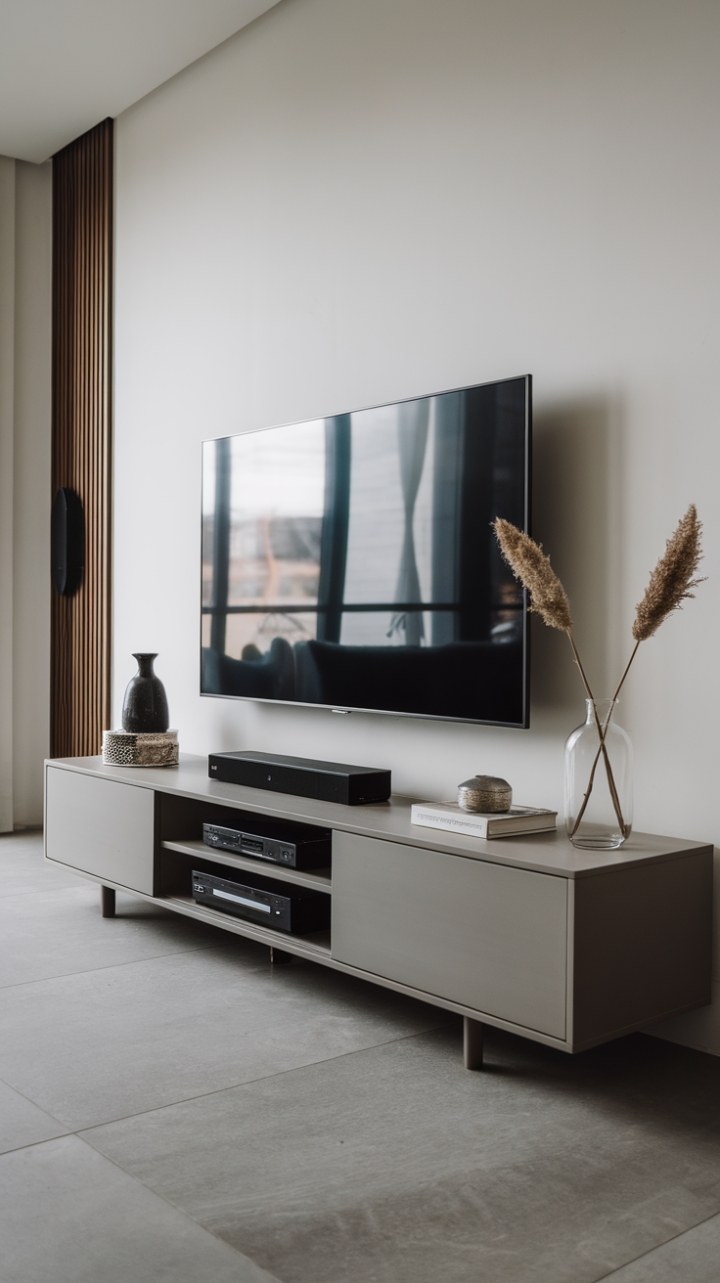 Streamlined style takes center stage with this contemporary entertainment center. Clean lines and a chic aesthetic create a sophisticated focal point, showcasing a seamless integration of technology and design. The grey tile flooring complements the minimalist palette, resulting in a space that's both stylish and serene.