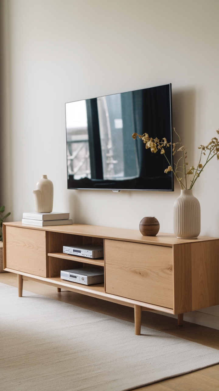 Uncluttered elegance meets modern functionality in this living room haven. The light wood media console, a minimalist masterpiece, provides the perfect platform for your entertainment needs, while seamlessly blending into the serene atmosphere. Subtle shelving offers curated storage, keeping your space stylishly organized.