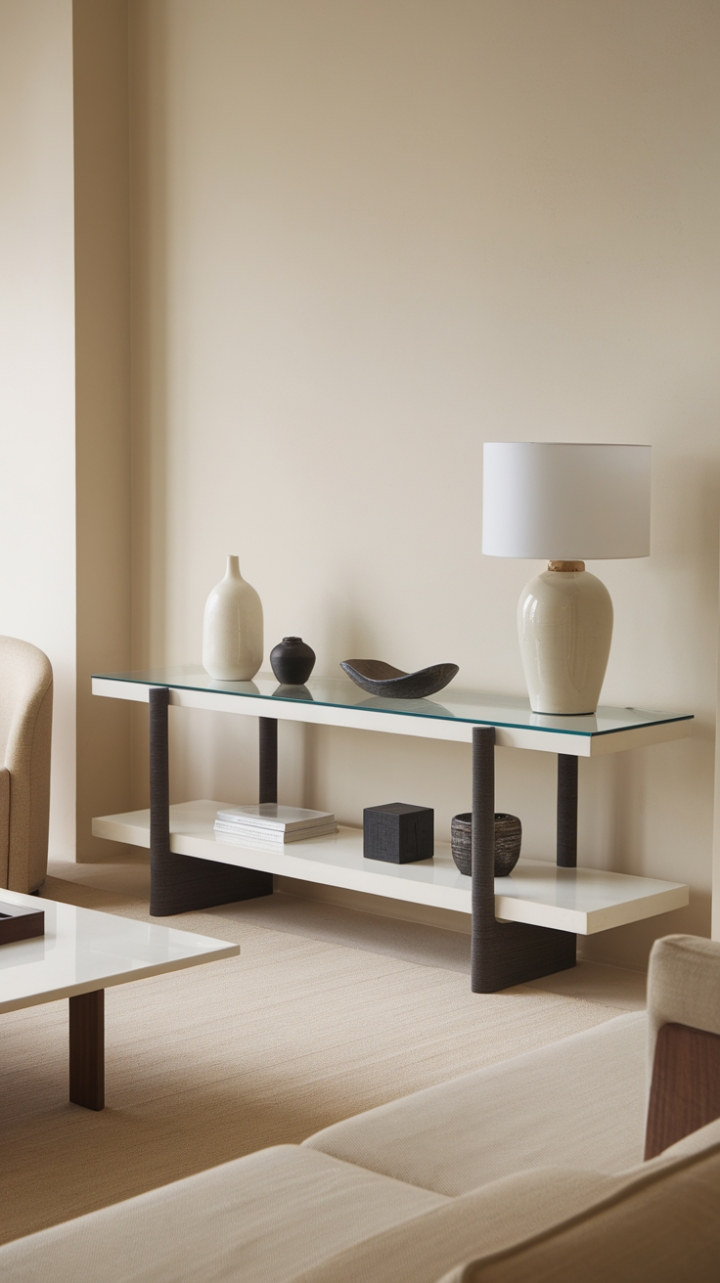 The contemporary entertainment center, featuring a pristine white glass top and contrasting dark grey legs, anchors this stylish living room, where the warm beige walls and plush rug create a serene backdrop. Accented by a chic white lamp, a textured beige vase, and sleek black accessories, including a box and bowl, the console showcases a perfect blend of form and function. The inviting beige sofa and chair, along with the clean lines of the white coffee table, complete this harmonious space, making it an ideal retreat for modern living.