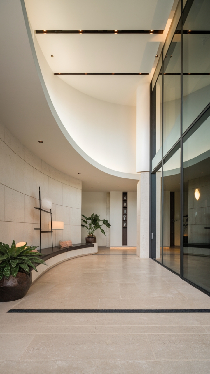 This contemporary entrance foyer exudes a serene elegance with its minimalist design, featuring a sleek, curved wall that seamlessly integrates a built-in bench, perfect for a moment of pause. The spaciousness is accentuated by high ceilings adorned with recessed lighting, casting a warm glow over the large beige tiles that create a harmonious foundation. A few carefully placed potted plants add a touch of nature, while the opposite wall showcases stylish shelves and a mirror, enhancing the bright and airy atmosphere of this inviting space.