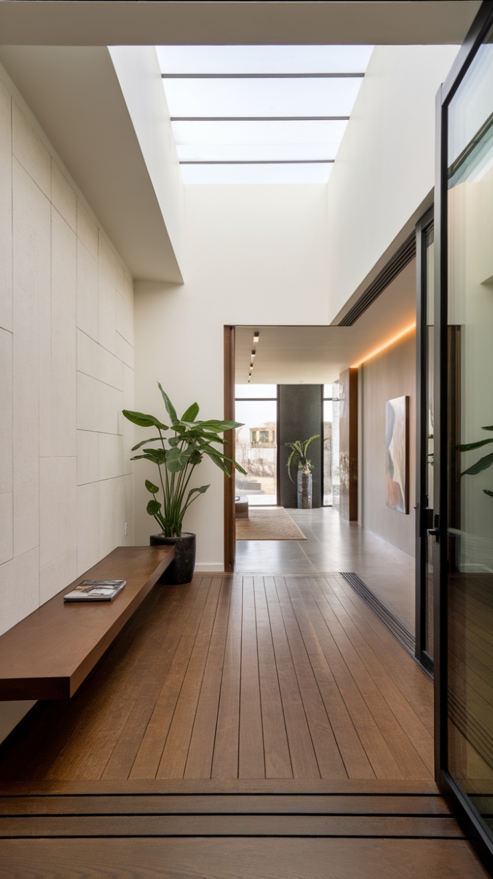 A harmonious blend of simplicity and sophistication defines this contemporary entrance foyer, where every element is thoughtfully curated to create an inviting atmosphere. The rich wooden floor contrasts beautifully with the pristine white wall, which features a sleek built-in bench, perfect for a quick sit-down. A lively potted plant breathes life into the space, while the soaring ceiling with a skylight bathes the area in warm, natural light. Beyond, the stylish hallway beckons, dressed in a soft beige rug and adorned with captivating modern art, leading gracefully into the modern vestibule that completes this exquisite entryway.