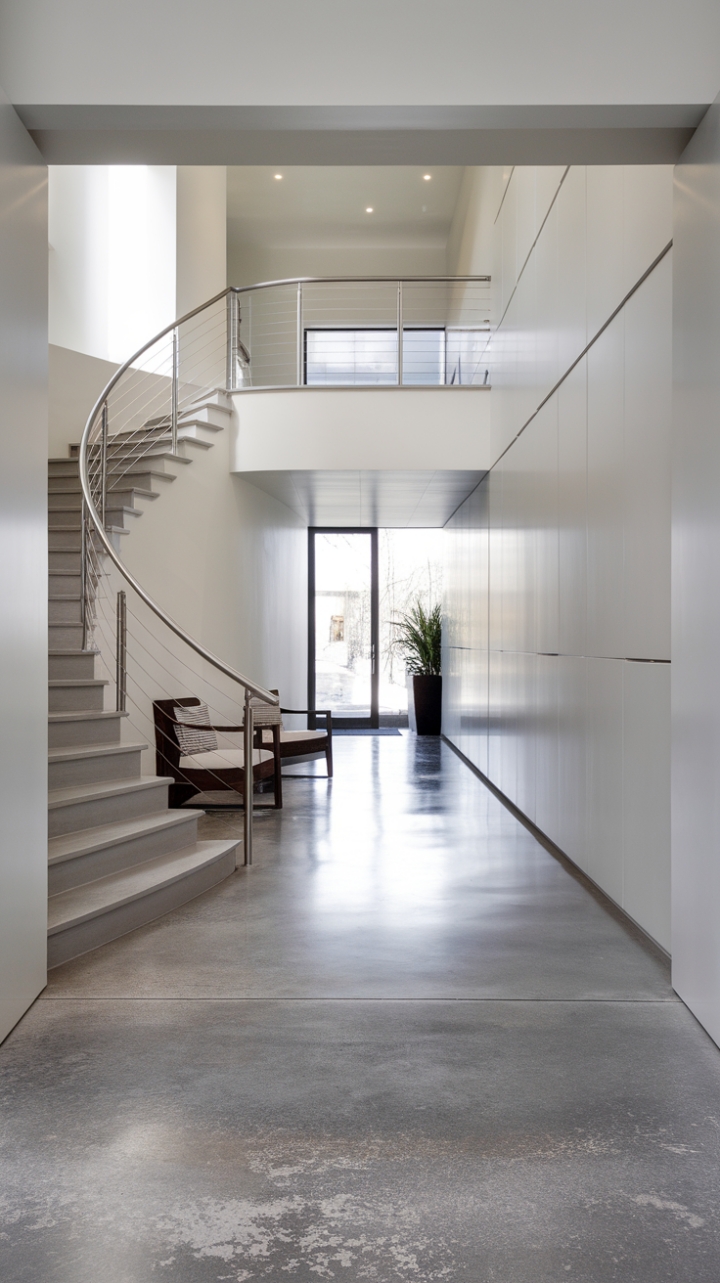 Sculptural curves and polished concrete define this minimalist foyer, where built-in storage seamlessly integrates with a sleek, stainless steel staircase. A single chair and verdant plant add a touch of organic warmth to the pristine white walls, creating an entrance that's both striking and serenely inviting.