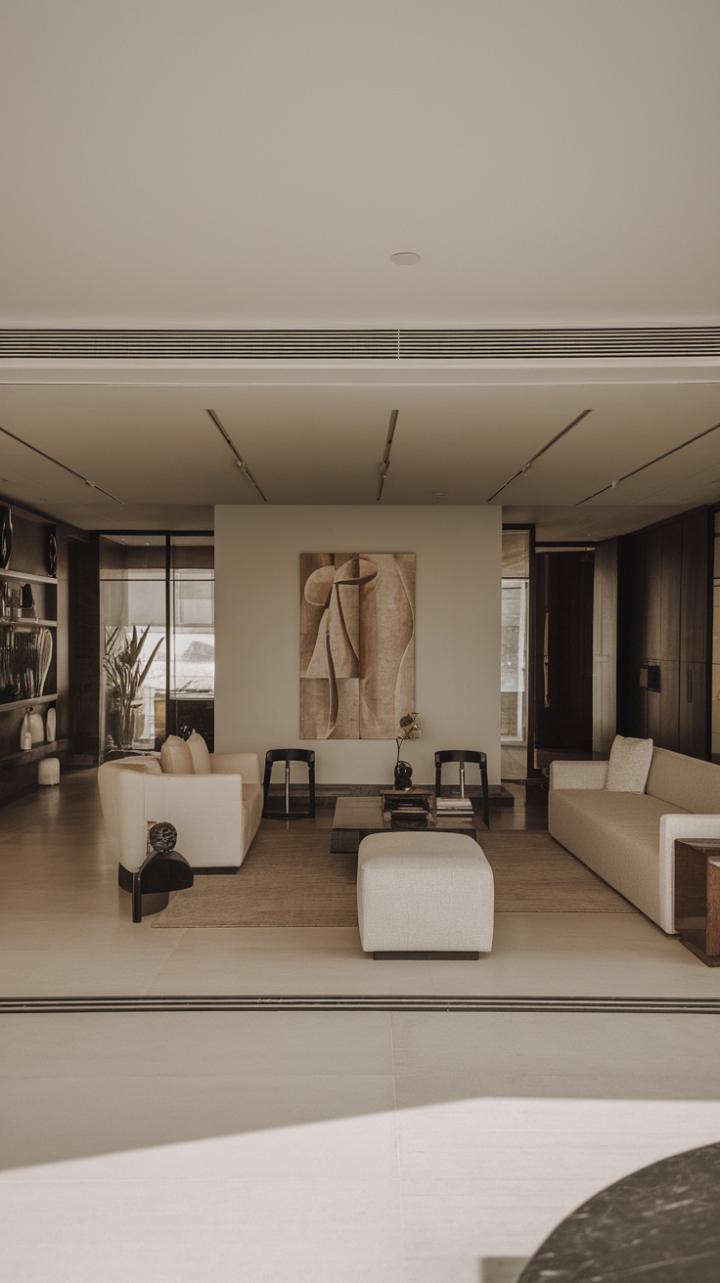 Sculptural lines and a neutral palette define this contemporary living room, where minimalist furniture and a striking piece of modern art create a space that's both stylish and serenely functional. The open floor plan maximizes light and flow, resulting in an ambiance of understated elegance.
