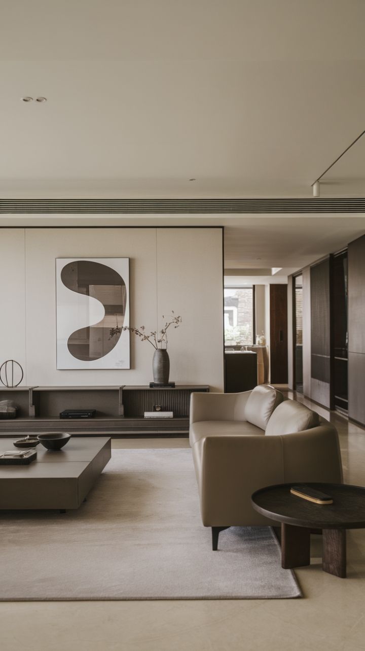 A stunning example of contemporary design, this modern living room showcases a minimalist aesthetic that embraces simplicity and elegance. The open floor plan invites natural light to dance across the neutral tones, while the carefully selected furniture pieces boast clean lines that enhance the room's airy feel. A captivating modern art piece adorns the wall, serving as a focal point that complements the stylish ambiance, making this space both functional and visually striking.