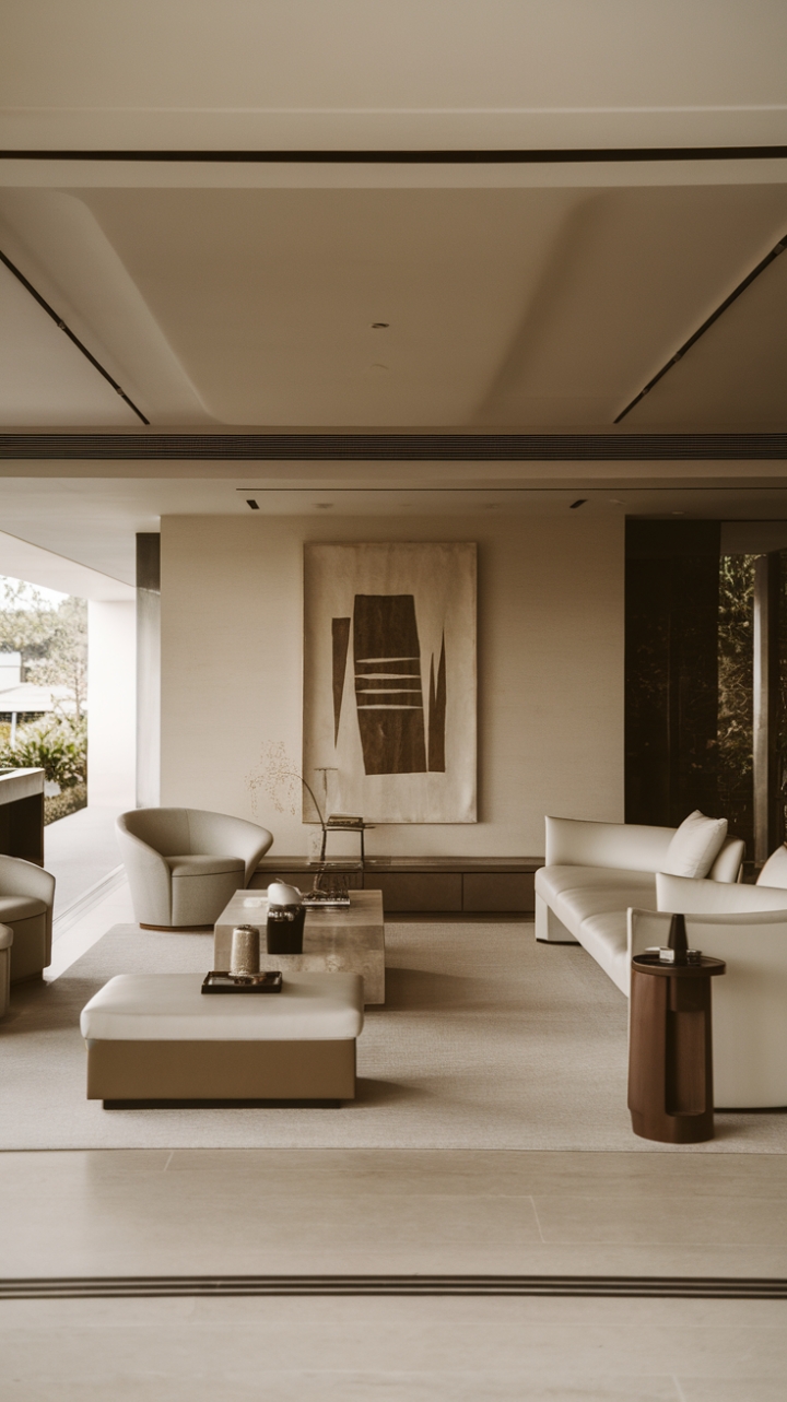 This contemporary modern living room exudes sophistication with its minimalist decor, where sleek furniture in a soothing neutral palette harmonizes beautifully. The open floor plan invites a sense of spaciousness, while a striking modern art piece on the wall adds a touch of personality and intrigue. With clean lines and functional design, each element contributes to a stylish ambiance that is both inviting and chic, making it the perfect retreat for relaxation or entertaining.