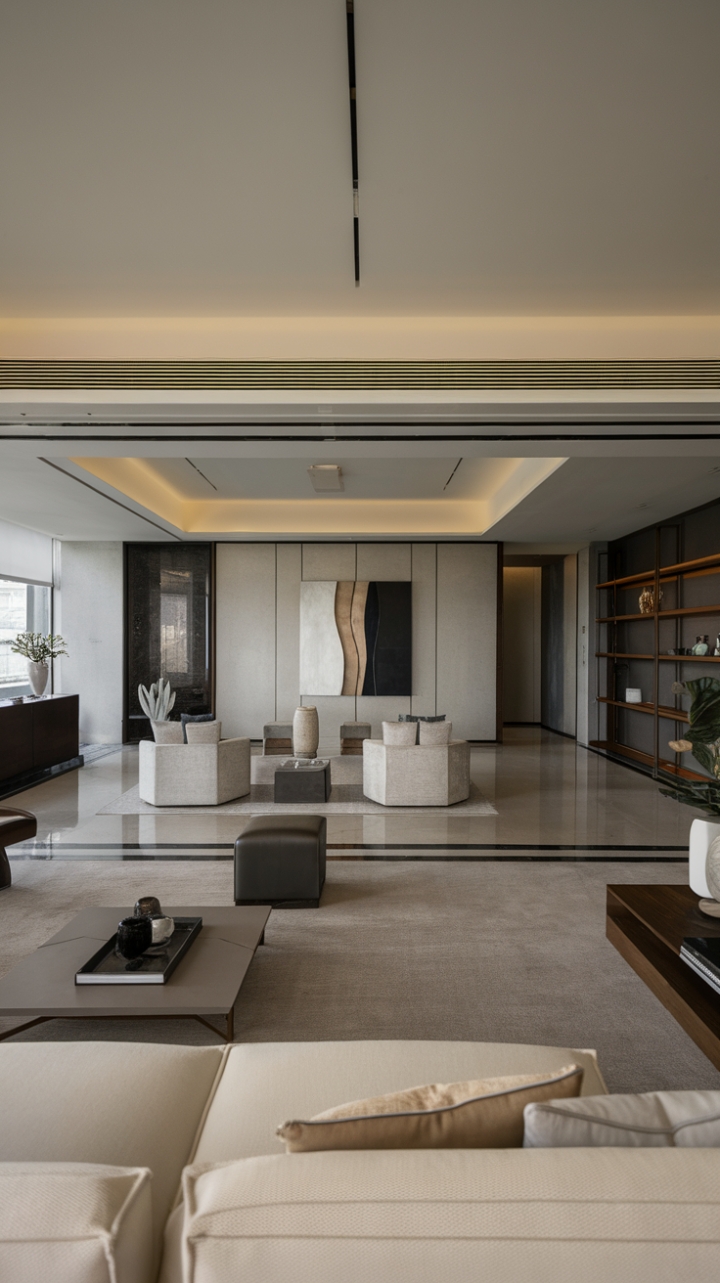 Bathed in natural light, this contemporary living room showcases a harmonious blend of minimalist elegance and functional design. The neutral color palette enhances the sleek furniture, while the open floor plan promotes a seamless flow throughout the space. A captivating modern art piece adorns the wall, infusing the room with character and charm, making it an inviting haven for stylish living.