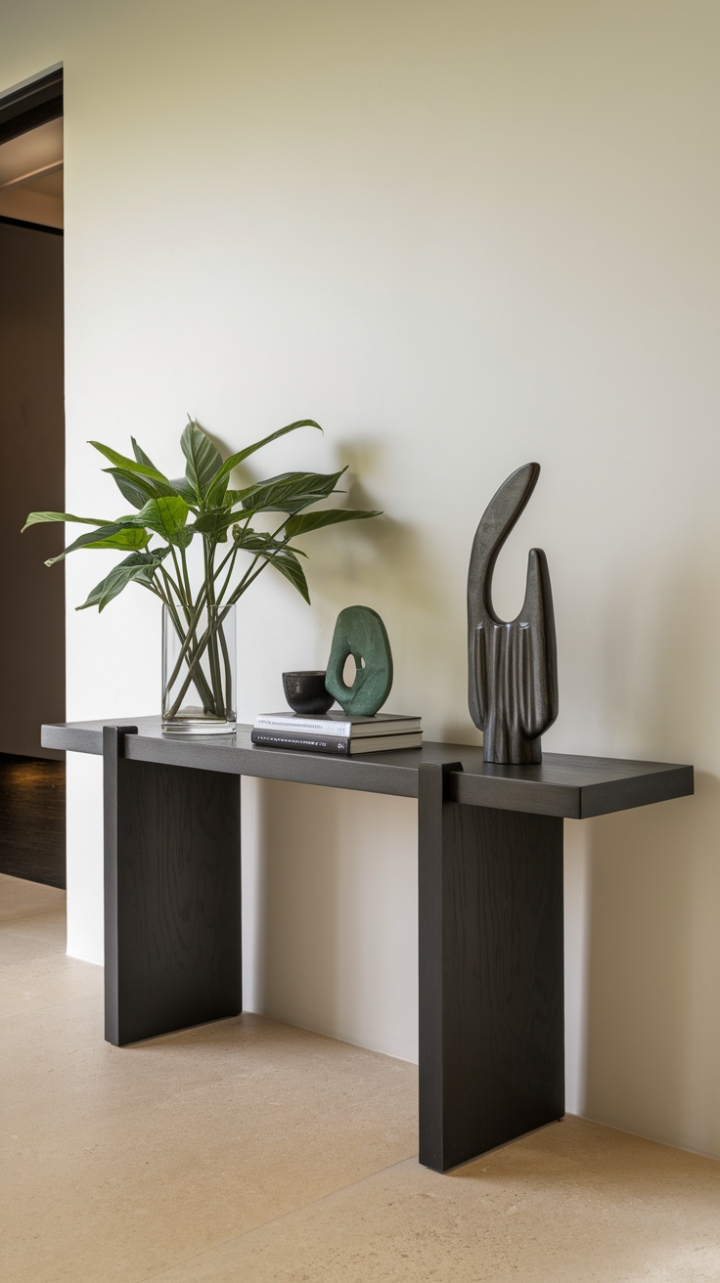Unveiling understated elegance: A sleek black console table anchors this modern entryway, its minimalist form a perfect foil to the vibrant green of a potted plant and carefully curated accents. The neutral beige tile flooring completes the sophisticated palette.