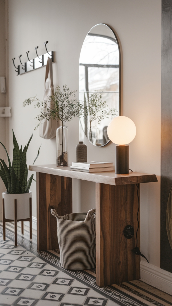 With its minimalist design, this wooden console table transforms the entryway into a sophisticated statement of modern living. The patterned floor beneath adds a touch of character, while the thoughtfully placed decorative elements-a lush plant and an elegant lamp-infuse the space with life and charm. The wall's hooks and mirror not only serve a purpose but also enhance the overall aesthetic, creating a welcoming atmosphere that perfectly captures the essence of urban chic.