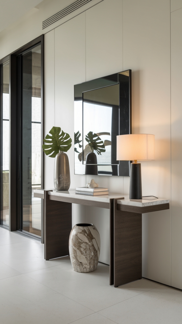 Modern minimalism meets refined luxury. A dark wood console table topped with cool white marble commands attention in this sun-drenched entryway. Subtle yet striking, the piece is perfectly complemented by a few choice decorative elements, creating a welcoming and stylish first impression.