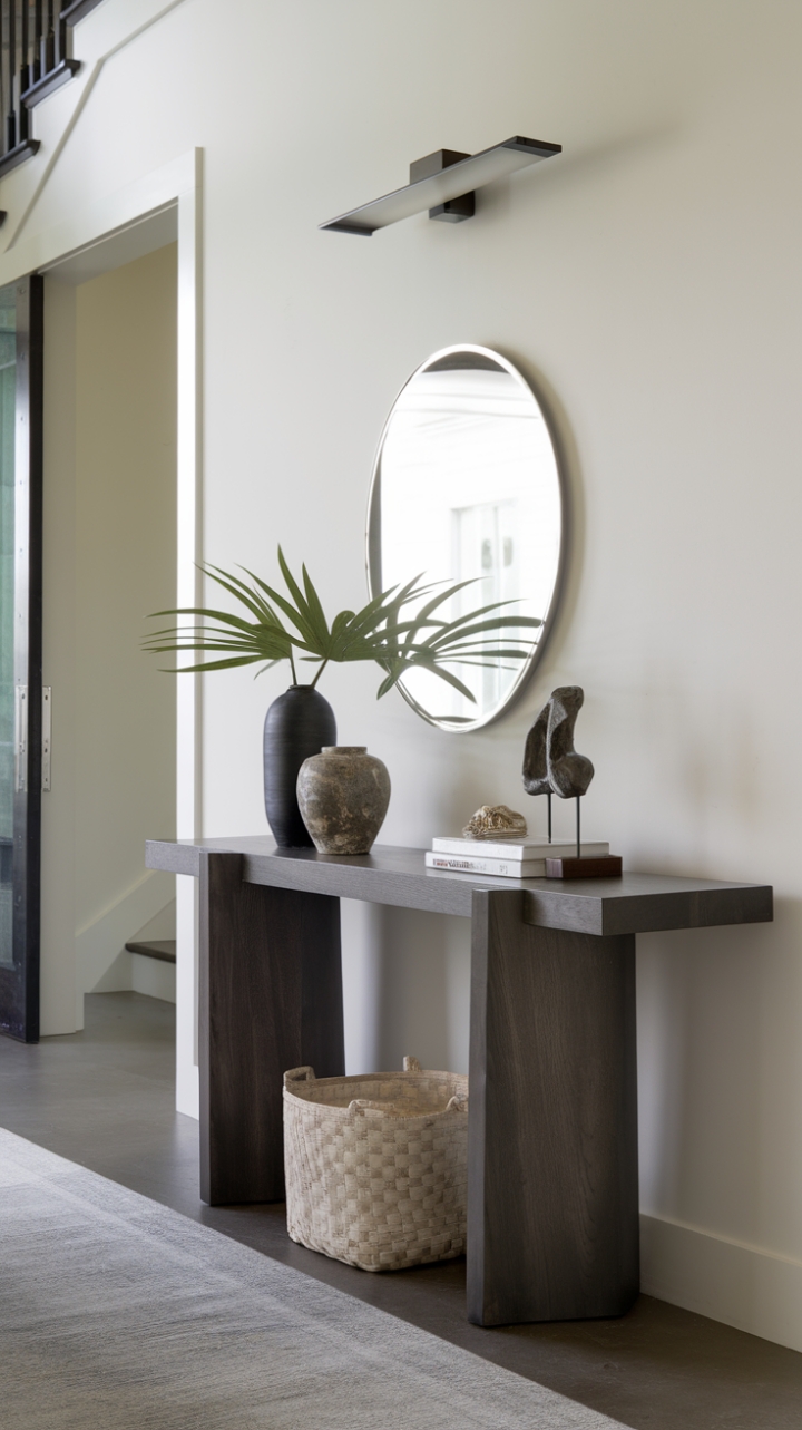 Dark wood meets modern minimalism in this stunning entryway. A sleek console table, adorned with a curated collection of greenery and art, anchors the space with understated elegance. The soft glow of the wall-mounted light fixture adds a touch of warmth, creating an inviting atmosphere from the moment you arrive.