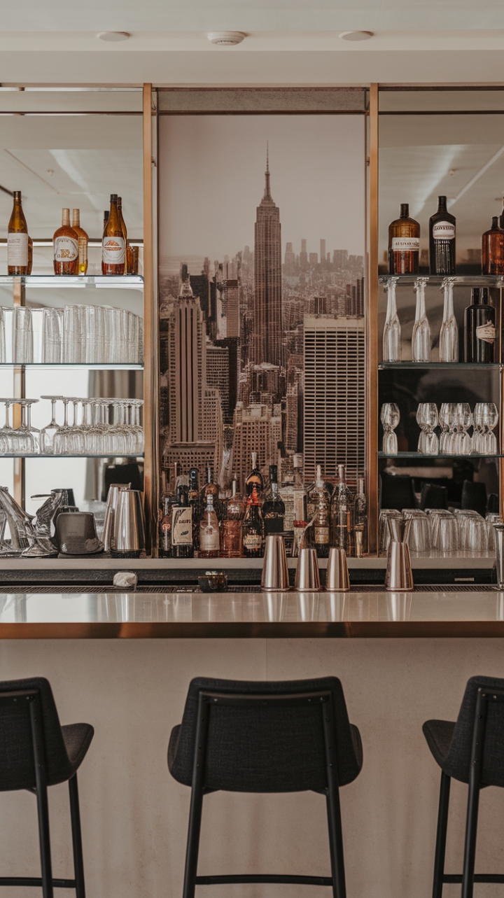 This contemporary home bar redefines modern luxury. A sleek design, punctuated by a stunning cityscape view, creates a sophisticated and inviting atmosphere perfect for mixing handcrafted cocktails and hosting unforgettable gatherings.