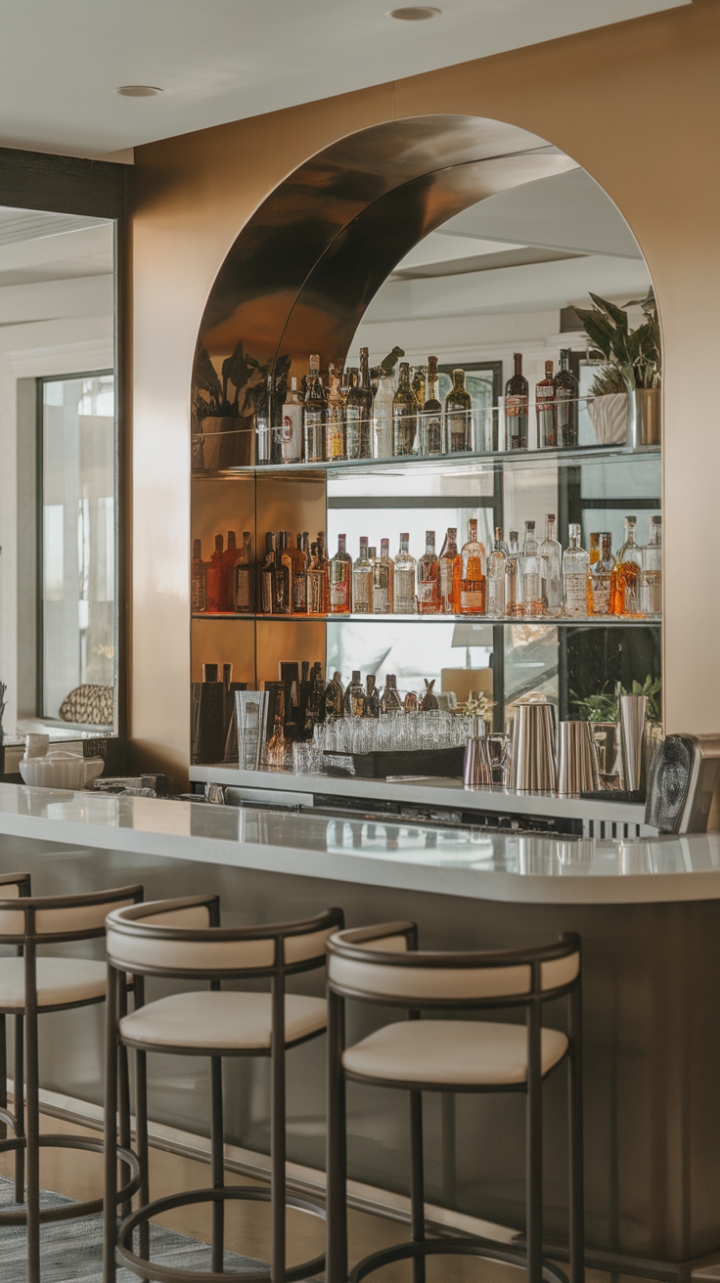 A stunning fusion of style and functionality, this contemporary home bar showcases a modern cocktail station that is both eye-catching and practical. The carefully curated selection of drinks adds a vibrant touch to the sleek design, creating an inviting atmosphere that encourages relaxation and socializing. This chic lounge area captures the essence of an urban bar, making it an ideal spot for entertaining friends or enjoying a quiet evening at home.