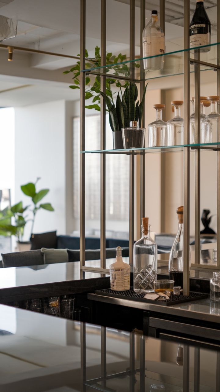 This contemporary home bar exudes sophistication with its sleek, minimalist design that perfectly complements the urban vibe of the space. The trendy cocktail station showcases an array of glass bottles and a stylish mixer, inviting you to craft your favorite drinks in style. Behind the bar, a chic lounge area featuring a plush sofa and a vibrant plant adds warmth and comfort, creating an ideal setting for entertaining guests or enjoying a quiet evening at home.