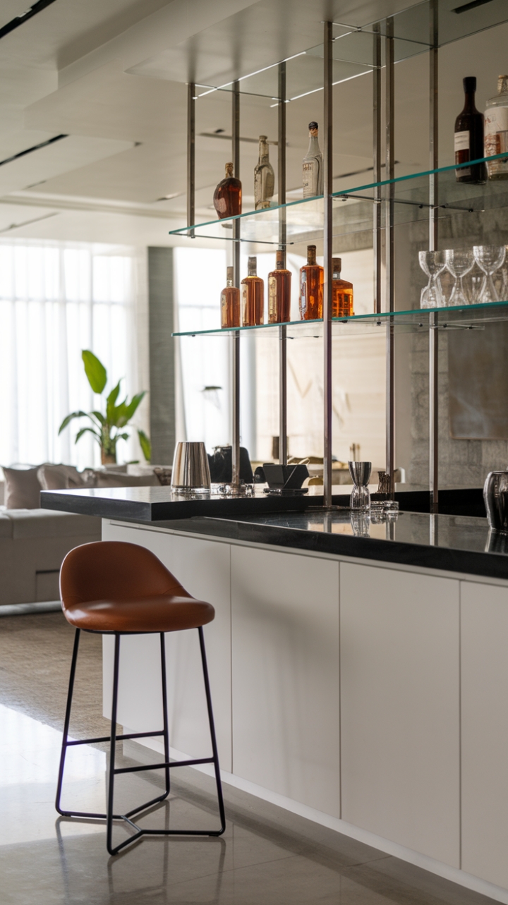 With its minimalist design, this cocktail station serves as a stunning focal point in the home bar, where the polished black countertop meets the clean lines of white cabinetry. Glass shelves showcase an impressive collection of spirits, adding a touch of glamour to the space. A stylish leather bar stool offers a comfortable perch, while the surrounding lounge area, adorned with a chic grey sofa and a lush potted plant, enhances the overall ambiance, making it an ideal setting for intimate gatherings or casual evenings at home.