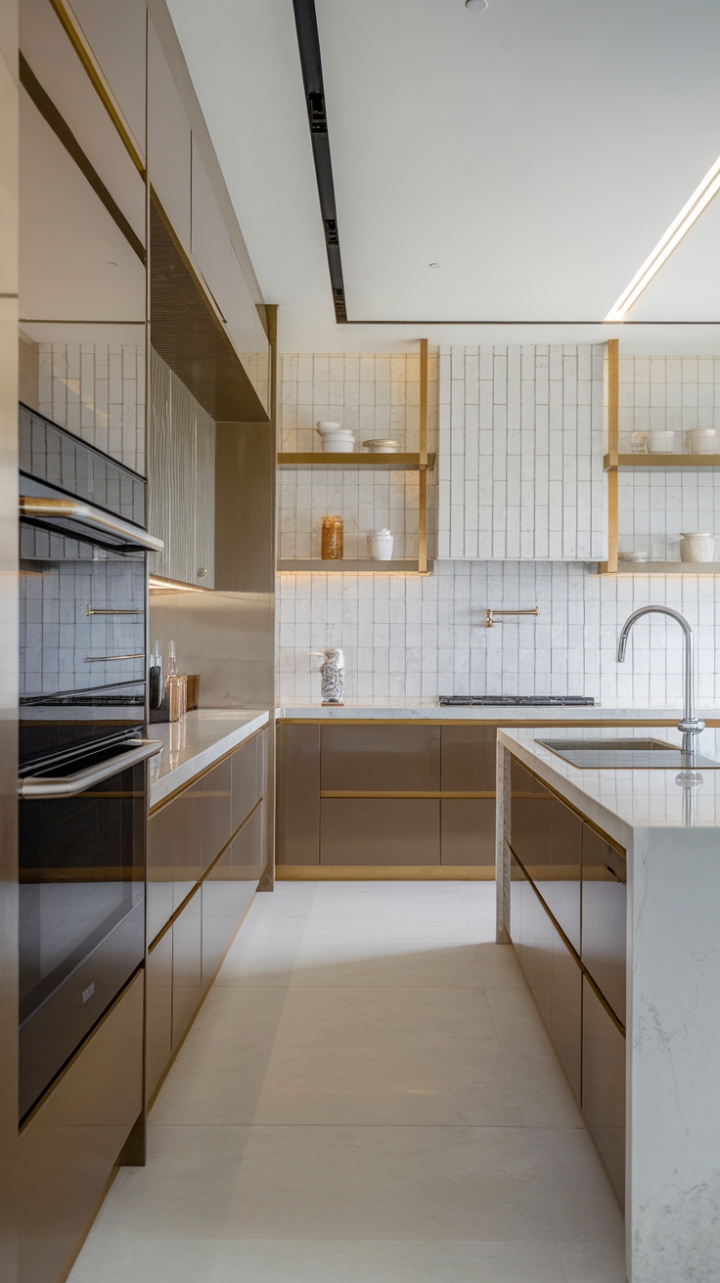 A stunning example of contemporary luxury, this kitchen captivates with its minimalist aesthetic and high-end finishes. The glossy cabinets reflect light, creating an airy ambiance, while the exquisite white marble countertops provide a striking contrast. A generous island with a built-in cooktop invites culinary creativity, paired with a chic faucet that adds a modern touch. The white tile backsplash, accented with delicate gold details, brings warmth and sophistication, while the large white floor tiles unify the space. With sleek lighting illuminating every corner, this kitchen is a perfect blend of style and functionality, embodying a clean and sophisticated design ethos.
