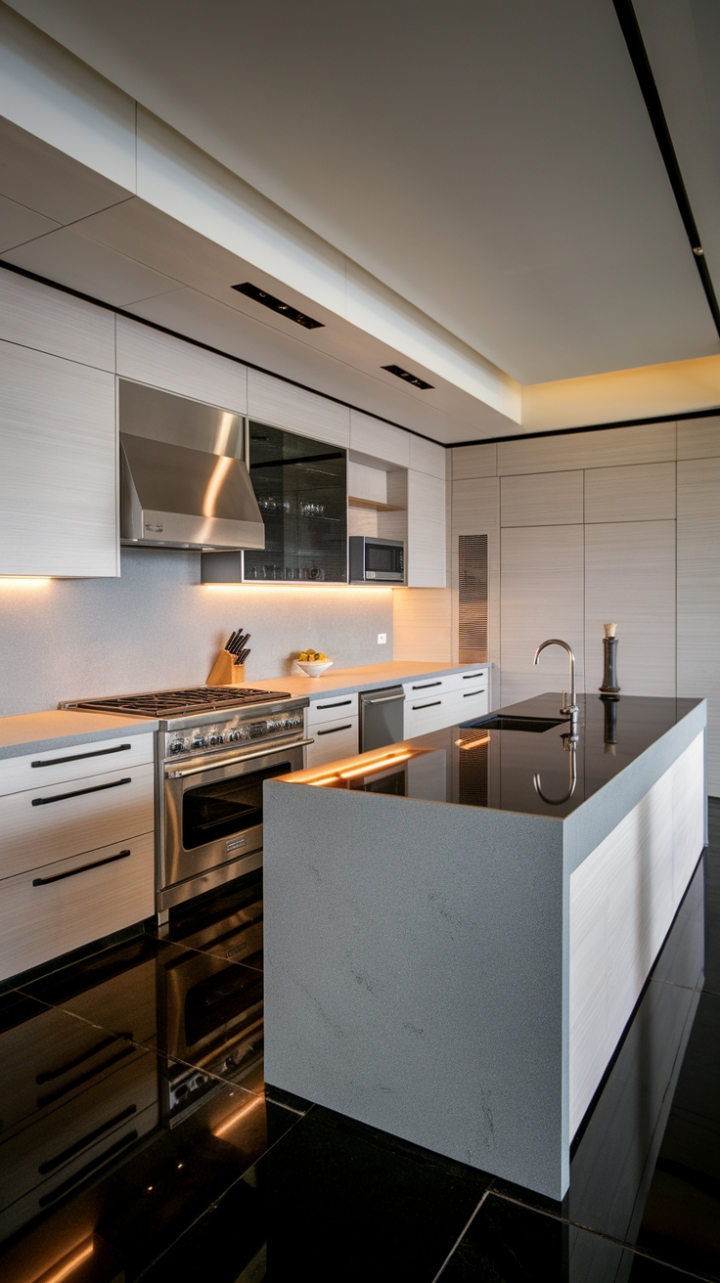 A stunning example of modern luxury, this kitchen features a pristine white color palette accented by rich grey and black tones, creating a serene yet striking environment. The high-end stainless steel appliances are seamlessly integrated, while the white wood cabinets with sleek black handles provide a sophisticated touch. The grey stone countertops and bold black-tiled floor enhance the kitchen's contemporary aesthetic, while the eye-catching white island with its black countertop and designer faucet serves as a focal point. Bright, warm lighting fills the space, inviting culinary creativity and social gatherings alike.