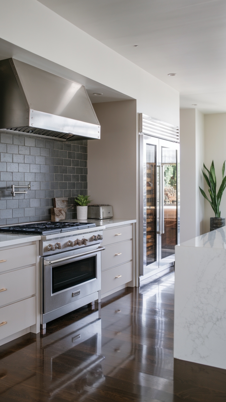 Indulge in the cool sophistication of this minimalist kitchen. Gleaming stainless steel appliances, crisp white marble countertops, and a dramatic dark grey tile backsplash create a haven of modern luxury. The subtle warmth of the dark wood floors grounds the space, while pops of greenery add a touch of life.