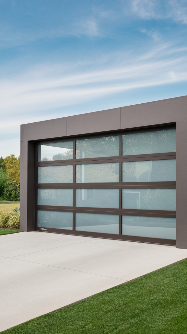 With its striking glass garage door, this contemporary home exterior embodies the essence of modern elegance. The innovative design not only enhances the architectural appeal but also allows natural light to flood the space, creating a seamless connection with the surrounding lush greenery and the expansive blue sky. This image captures a moment of serene sophistication, inviting admiration for its stylish simplicity.
